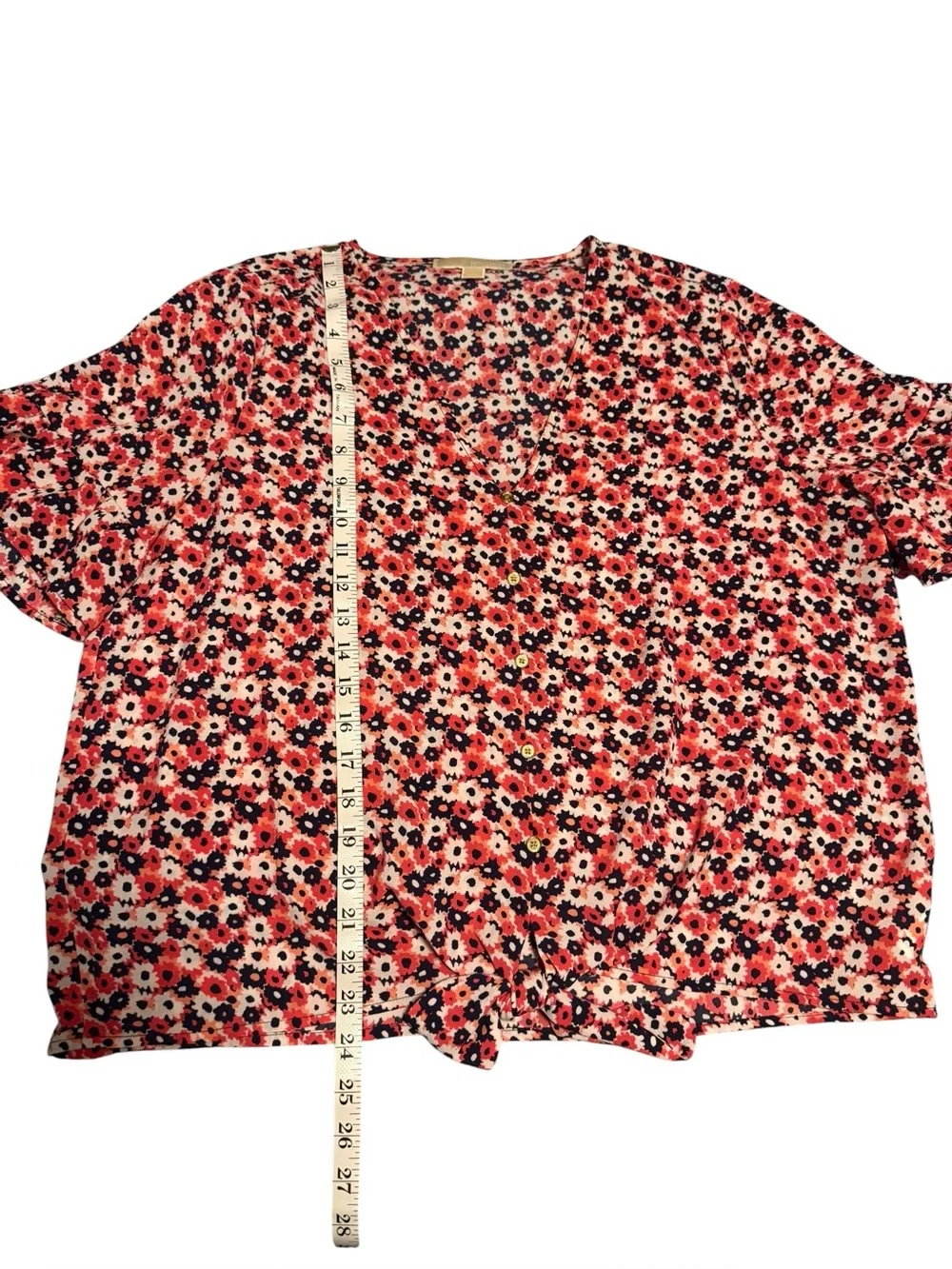 Michael Kors Floral Tie-Front V-Neck Ruffle SS Pink & Blue Blouse Top